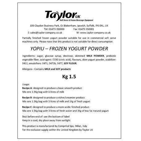 Taylor UK Yopiu Frozen Yogurt Powder Label